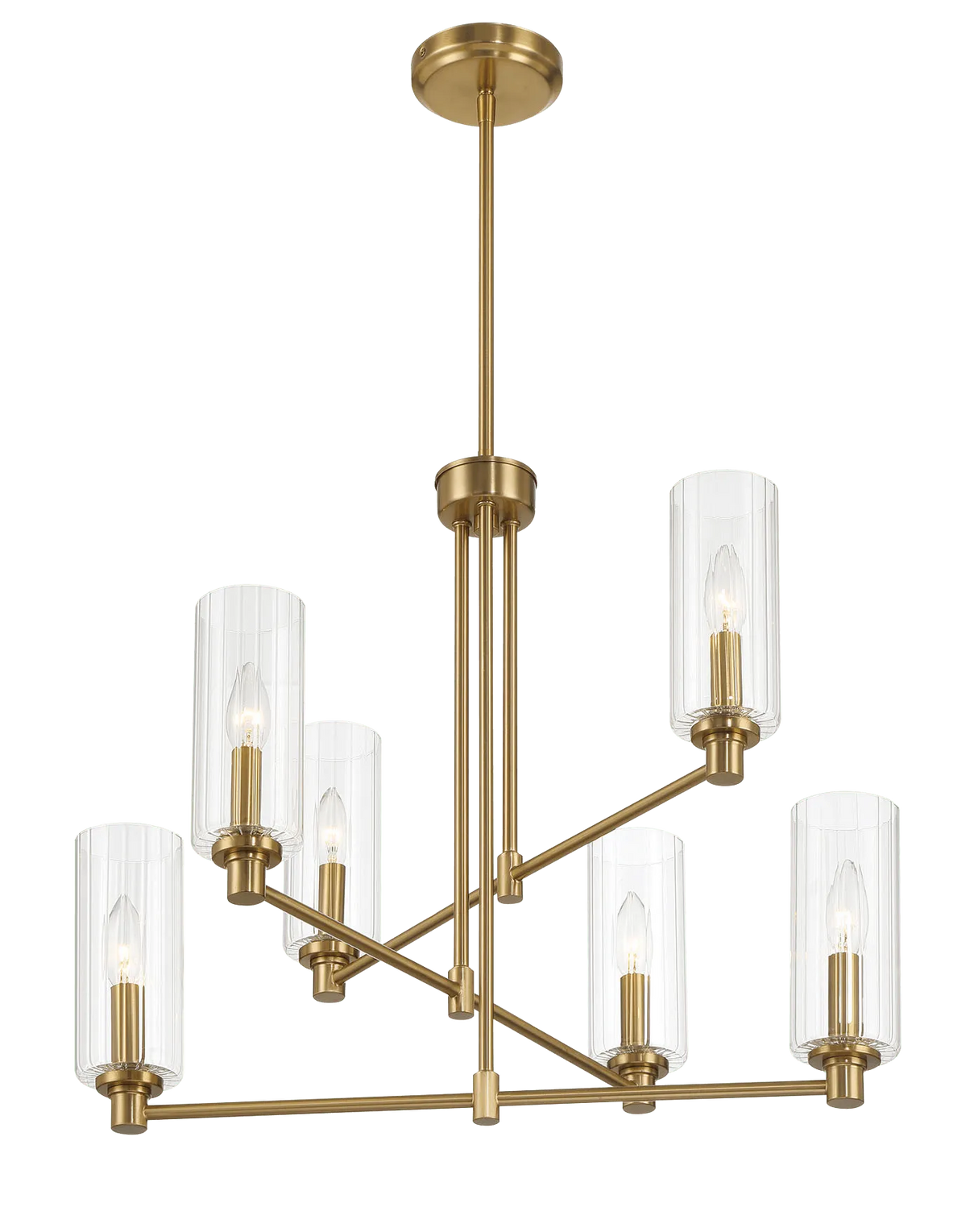 Timeless Six Lights Chandelier With Clear Ribbed Glass - Satin Brass by Ashcroft Furniture at Eve Furniture
