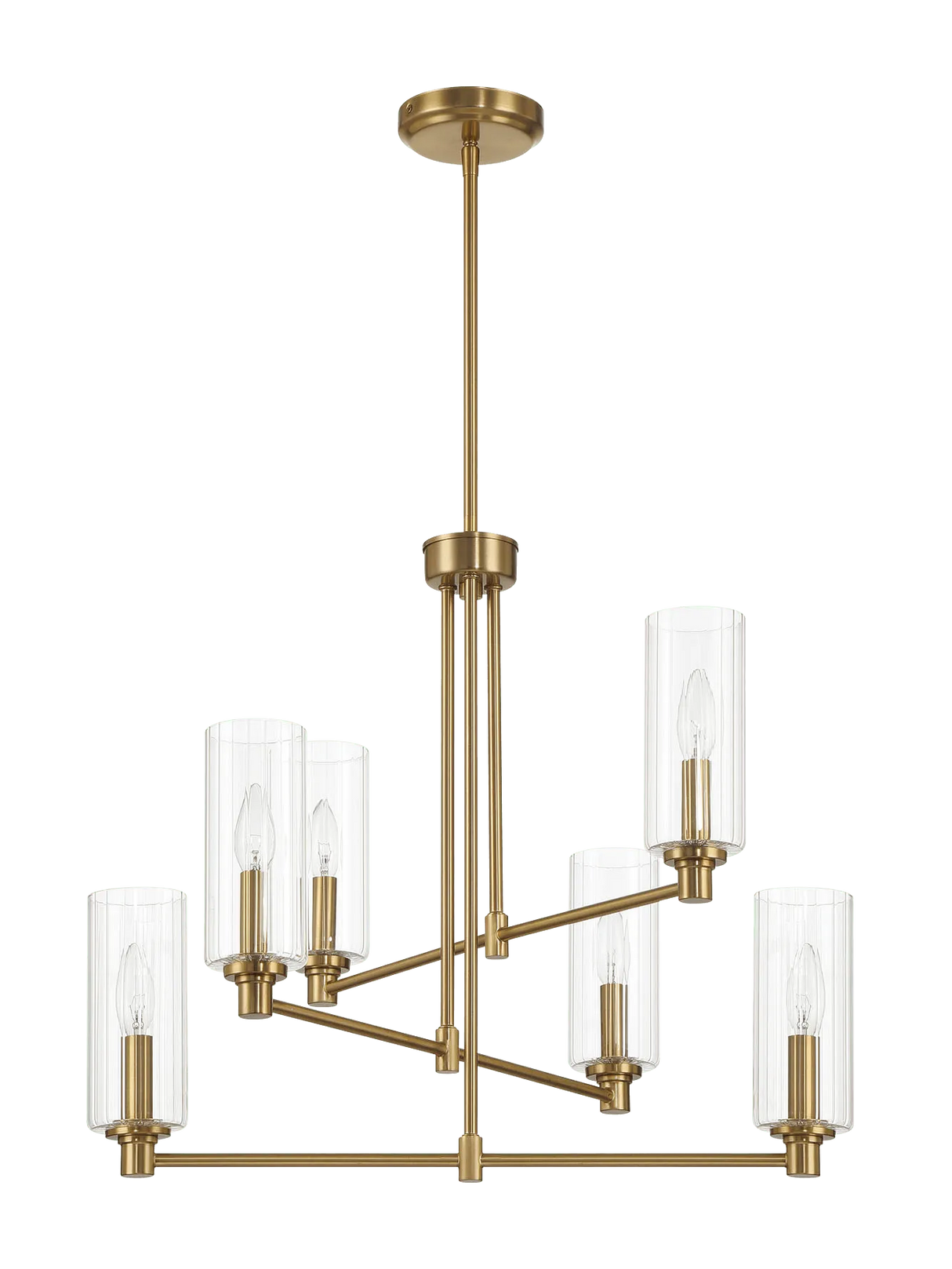 Timeless Six Lights Chandelier With Clear Ribbed Glass - Satin Brass by Ashcroft Furniture at Eve Furniture
