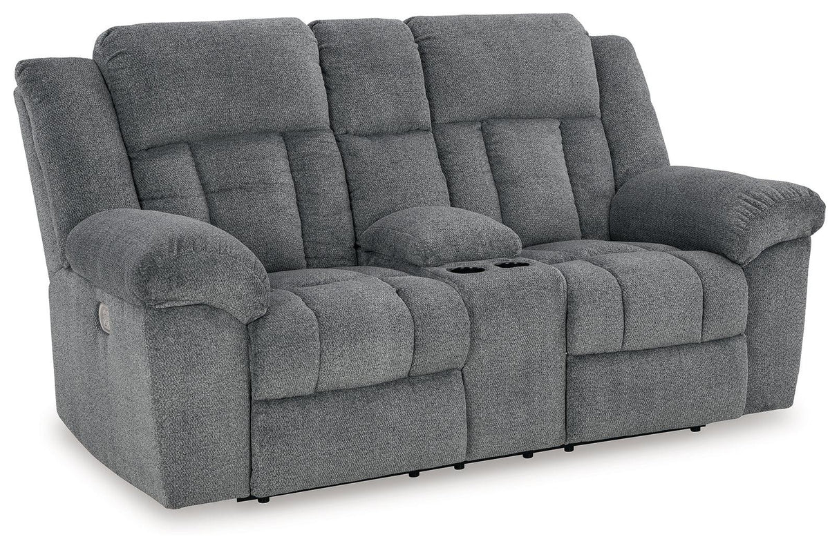 Tip-Off Slate Dual Power Reclining Loveseat by Ashley at Eve Furniture