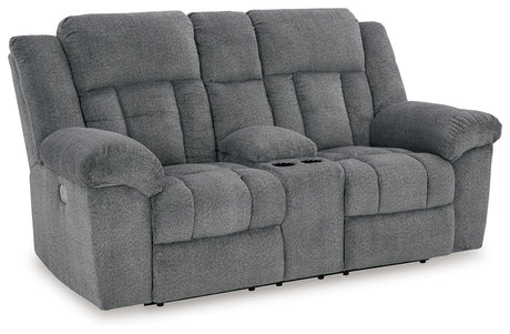 Tip-Off Slate Dual Power Reclining Loveseat by Ashley at Eve Furniture