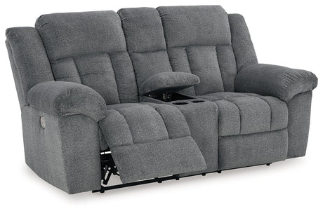 Tip-Off Slate Dual Power Reclining Loveseat by Ashley at Eve Furniture