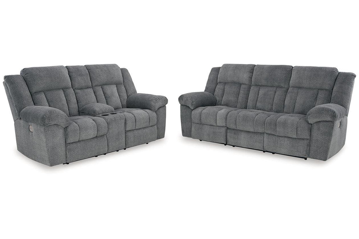 Tip-Off Slate Dual Power Reclining Sofa and Loveseat by Ashley at Eve Furniture