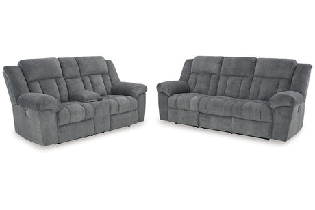 Tip-Off Slate Dual Power Reclining Sofa and Loveseat by Ashley at Eve Furniture