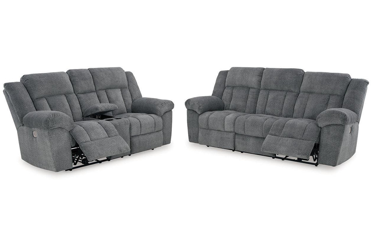Tip-Off Slate Dual Power Reclining Sofa and Loveseat by Ashley at Eve Furniture