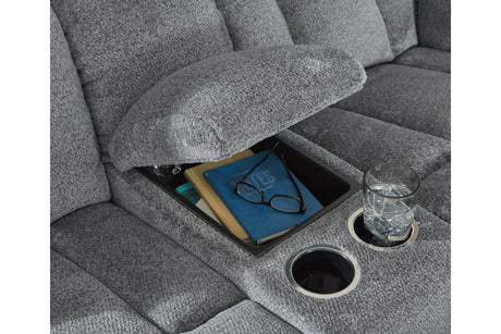 Tip-Off Slate Dual Power Reclining Sofa and Loveseat by Ashley at Eve Furniture