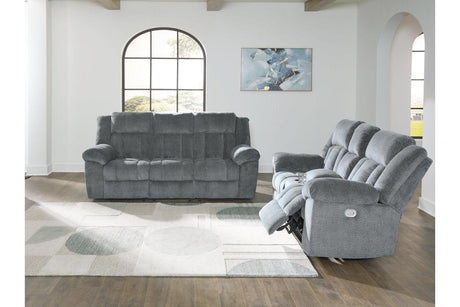 Tip-Off Slate Dual Power Reclining Sofa and Loveseat by Ashley at Eve Furniture