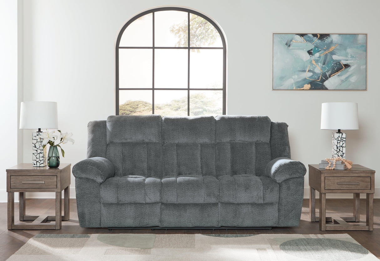 Tip-Off Slate Dual Power Reclining Sofa by Ashley at Eve Furniture