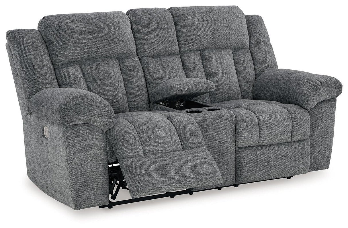 Tip-Off Slate Dual Power Reclining Loveseat by Ashley at Eve Furniture
