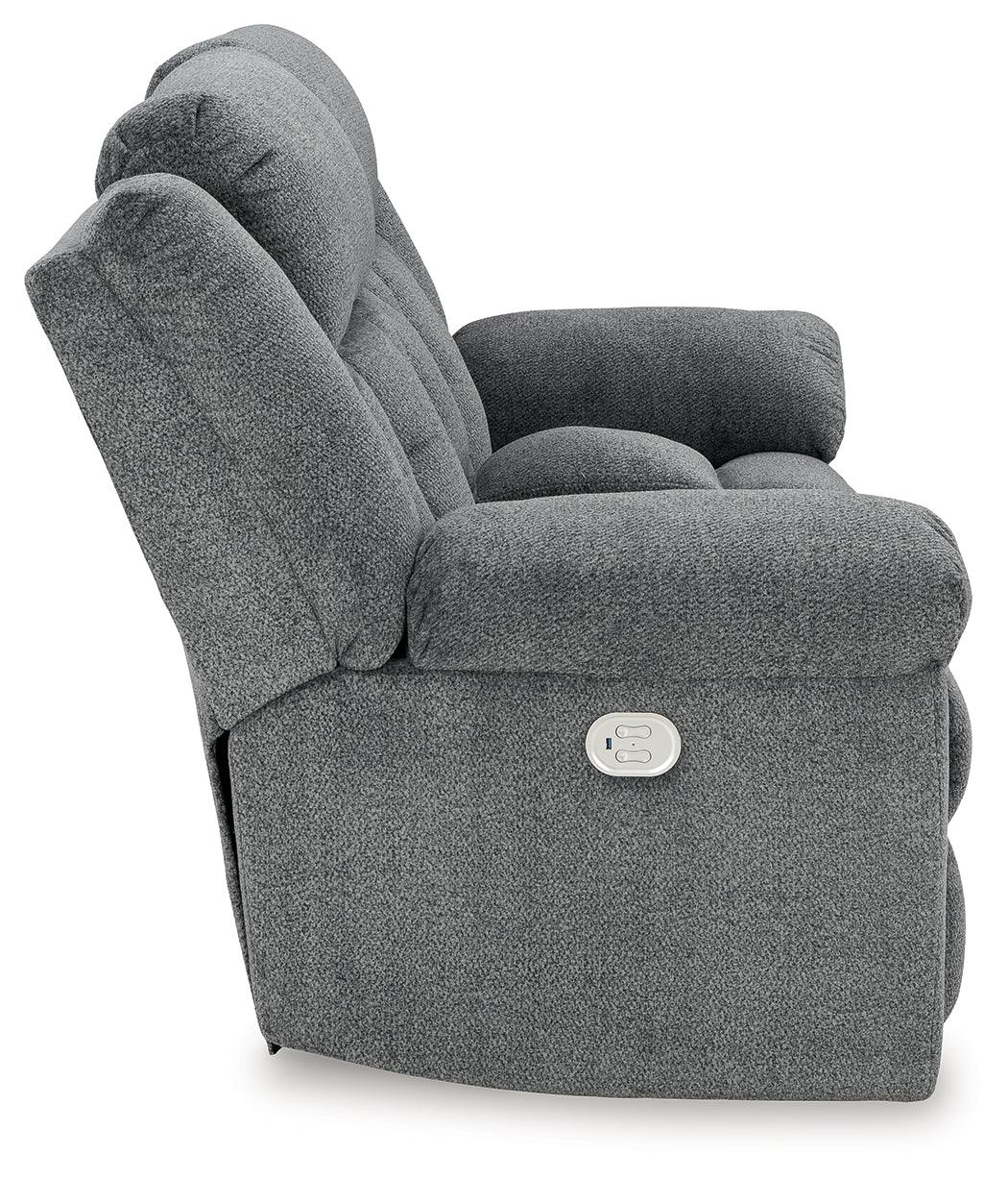 Tip-Off Slate Dual Power Reclining Loveseat by Ashley at Eve Furniture