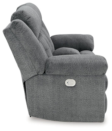Tip-Off Slate Dual Power Reclining Loveseat by Ashley at Eve Furniture