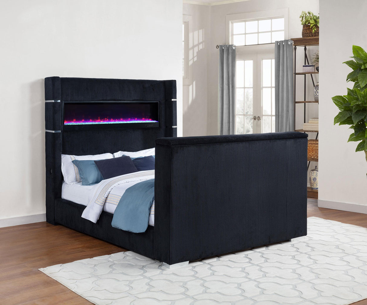 Tisdall Black Eastern King Flame Visualizer Wingback TV Bed by Coaster at Eve Furniture