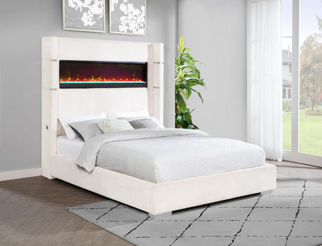 Tisdall Cream 67-inch Upholstered Eastern King Fireplace Bed by Coaster at Eve Furniture