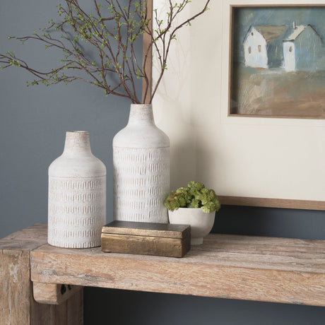 Tisha Small White W/ Terracotta Distressing Metal Vase by Mercana at Eve Furniture