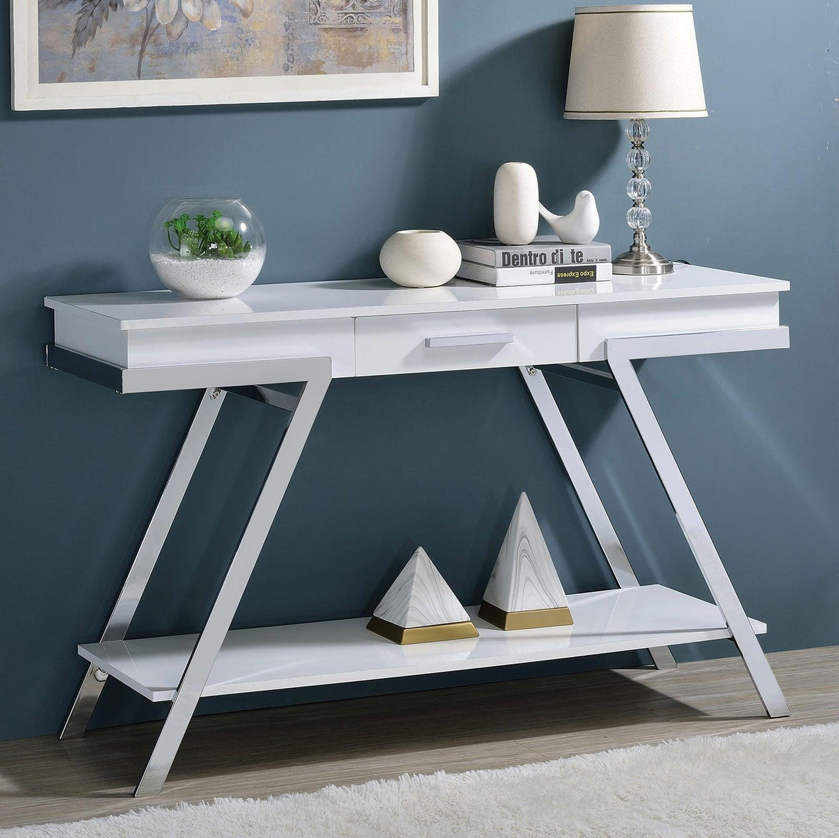 Titus White/Chrome Sofa Table by Furniture of America at Eve Furniture