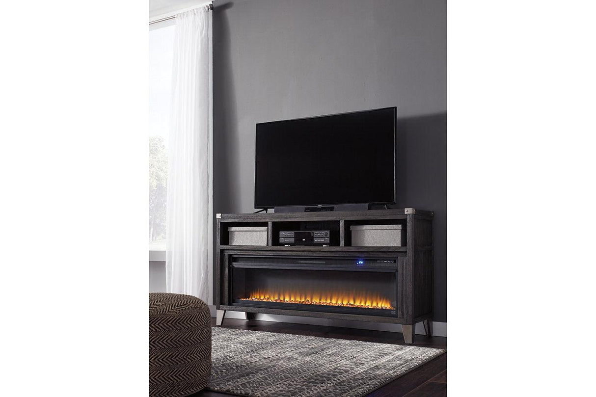 Todoe Gray 65" TV Stand with Electric Fireplace by Ashley at Eve Furniture