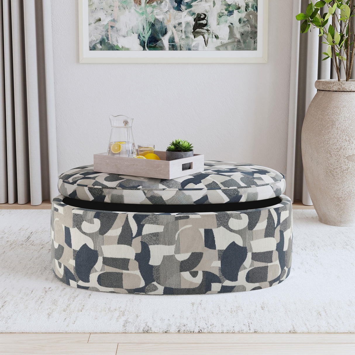 Tomkins Indigo Blue Oval Upholstered Storage Ottoman by Coaster at Eve Furniture