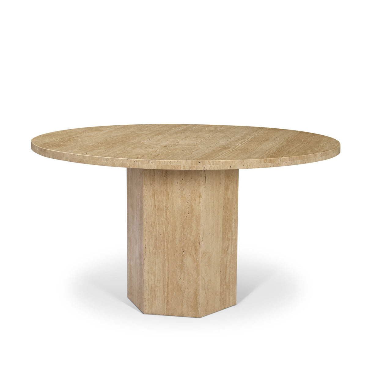Torreno Travertine Round Top Hexagon Pedestal Dining Table by Mercana at Eve Furniture