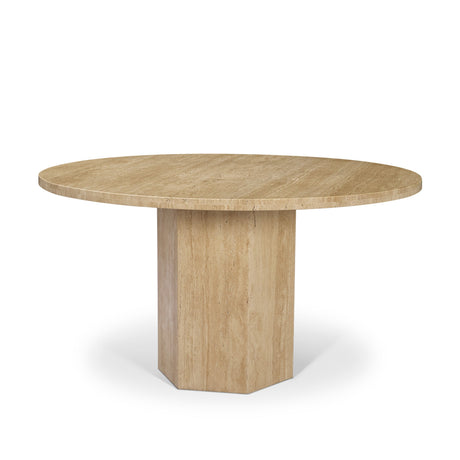 Torreno Travertine Round Top Hexagon Pedestal Dining Table by Mercana at Eve Furniture