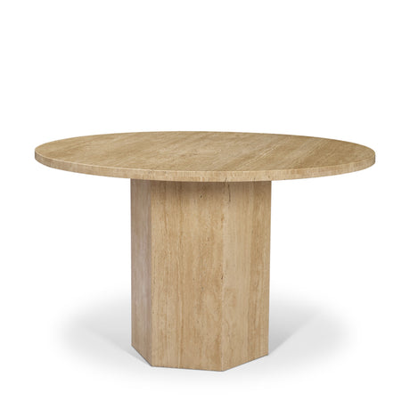 Torreno Travertine Round Top Hexagon Pedestal Dining Table by Mercana at Eve Furniture