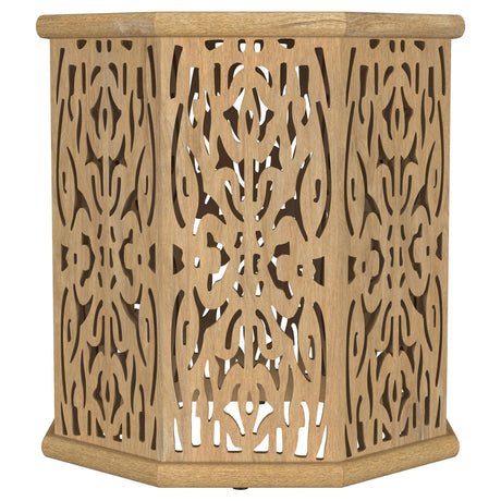Torres Natural Brown Octagonal Solid Wood Side Table with Intricate Openwork Carvings by Coaster at Eve Furniture