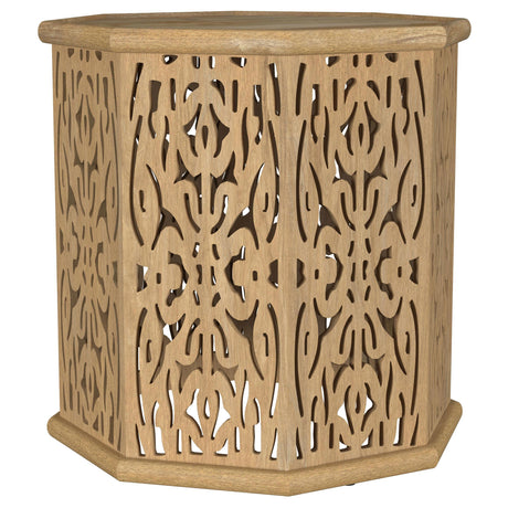 Torres Natural Brown Octagonal Solid Wood Side Table with Intricate Openwork Carvings by Coaster at Eve Furniture