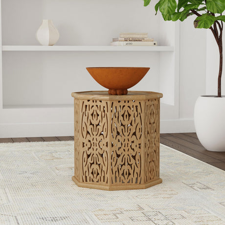 Torres Natural Brown Octagonal Solid Wood Side Table with Intricate Openwork Carvings by Coaster at Eve Furniture
