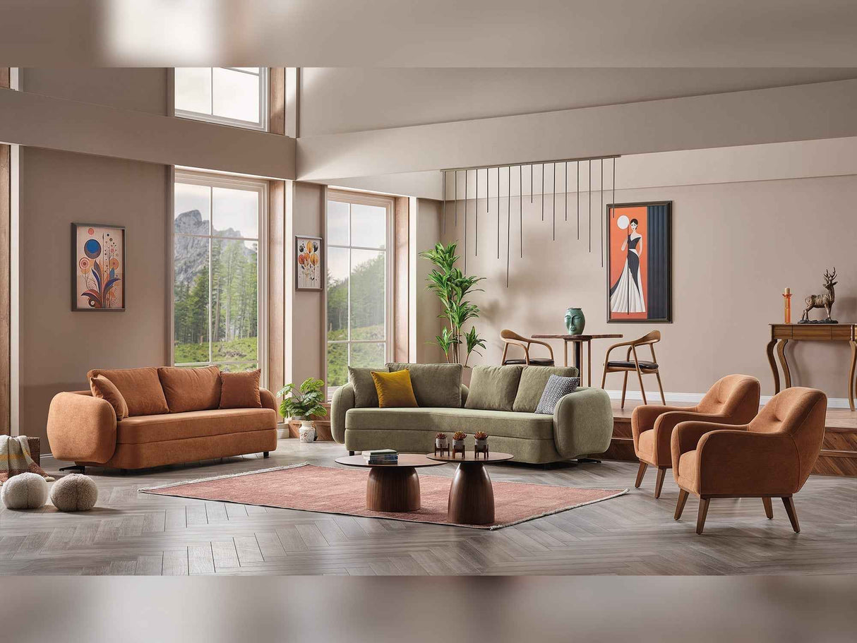 Toscana 4-pieces (4 Seater Sofa & 3 Seater Sofa & 2 Chair) Living Room Set Orange - Green by Furnia at Eve Furniture