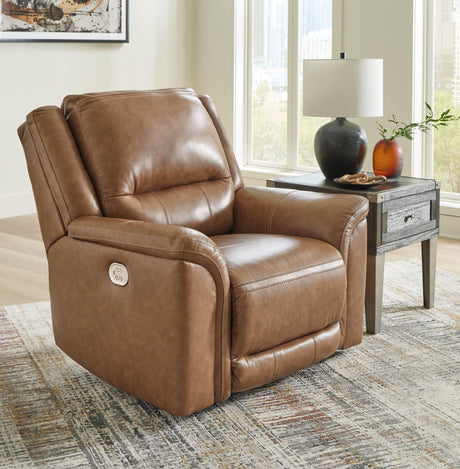 Trasimeno Caramel Dual Power Leather Recliner/ADJ Headrest by Ashley at Eve Furniture