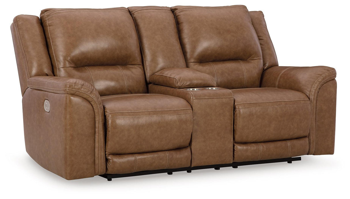 Trasimeno Caramel Dual Power Leather Reclining Loveseat with Console by Ashley at Eve Furniture