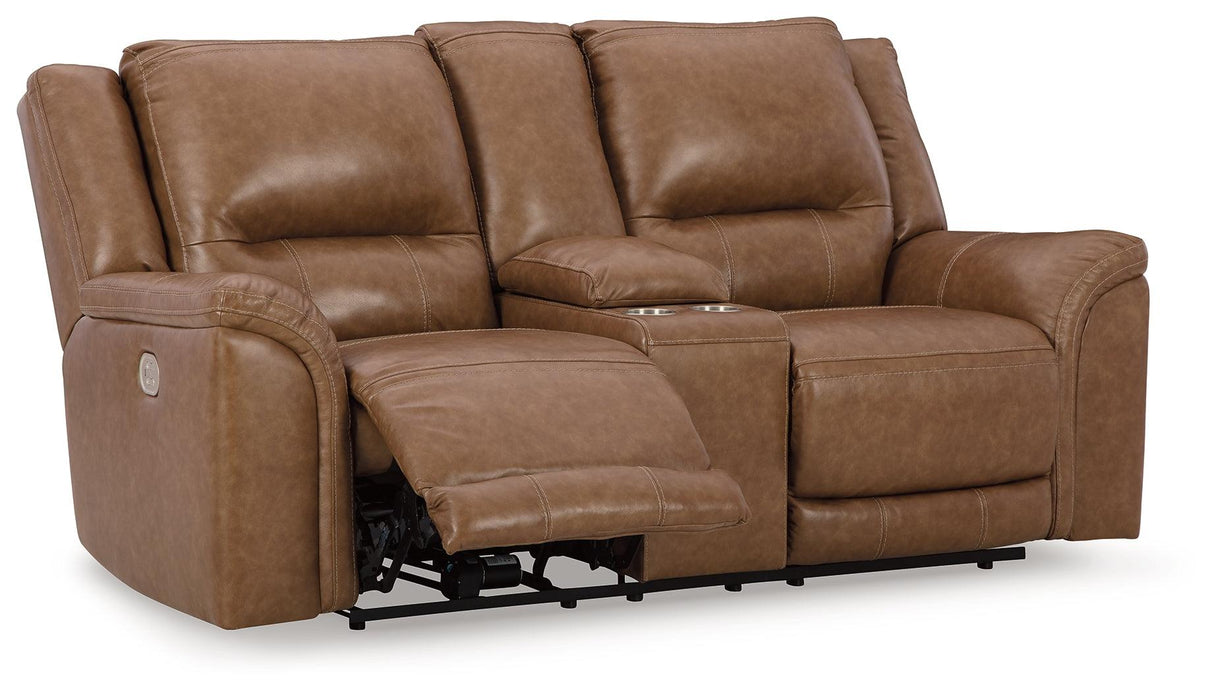 Trasimeno Caramel Dual Power Leather Reclining Loveseat with Console by Ashley at Eve Furniture