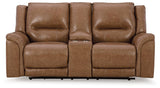 Trasimeno Caramel Dual Power Leather Reclining Loveseat with Console by Ashley at Eve Furniture