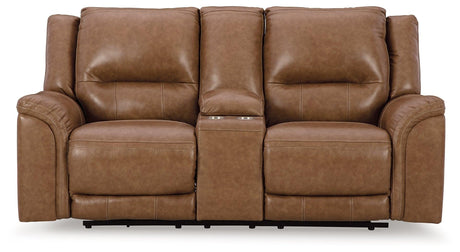 Trasimeno Caramel Dual Power Leather Reclining Loveseat with Console by Ashley at Eve Furniture
