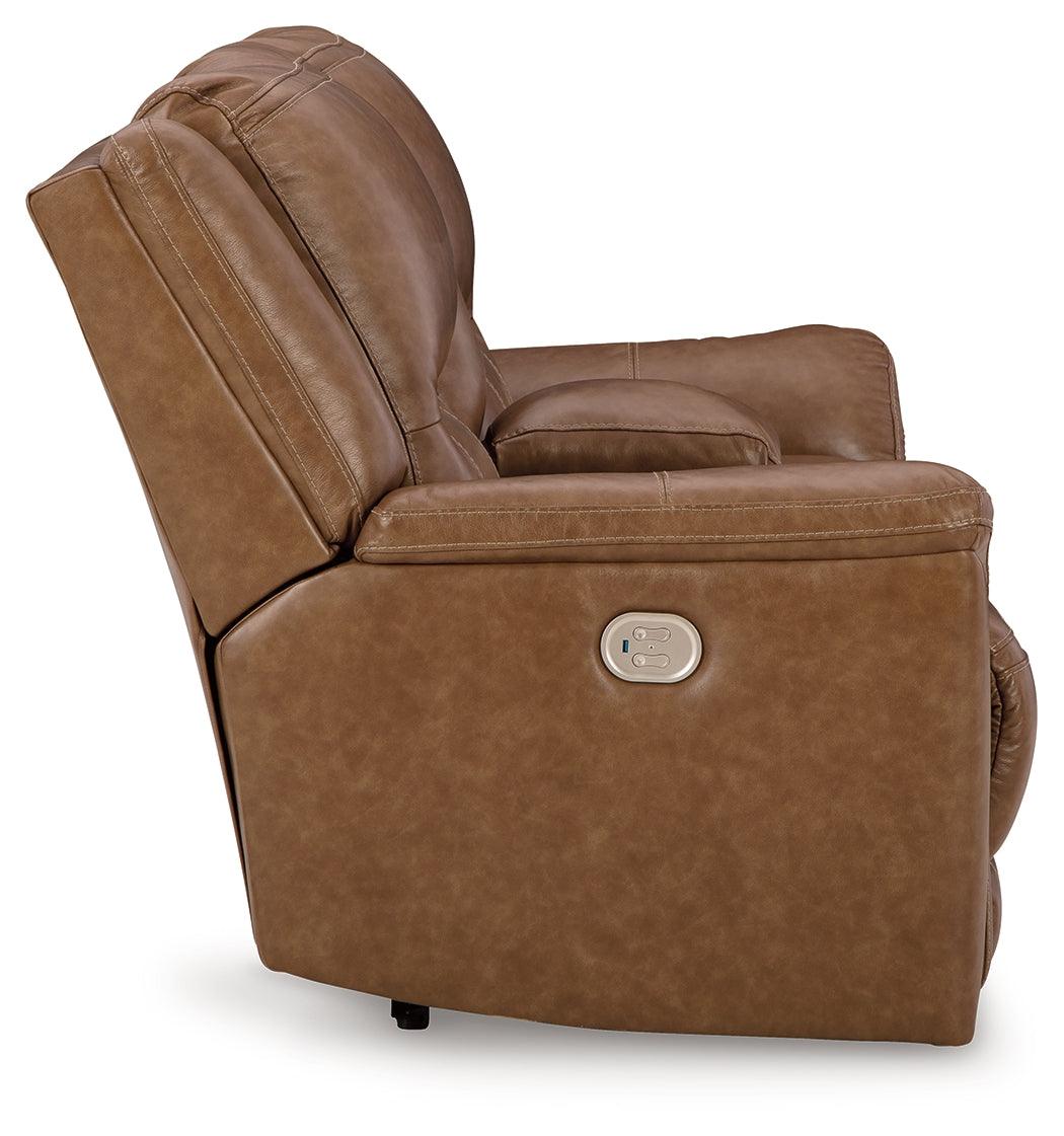 Trasimeno Caramel Dual Power Leather Reclining Loveseat with Console by Ashley at Eve Furniture