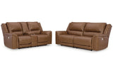 Trasimeno Caramel Power Reclining Sofa and Loveseat by Ashley at Eve Furniture
