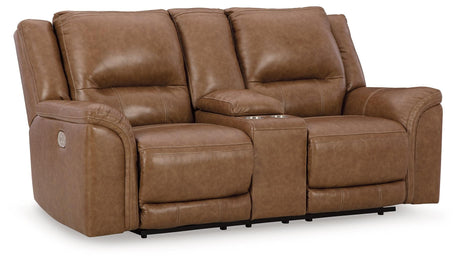 Trasimeno Caramel Dual Power Leather Reclining Loveseat with Console by Ashley at Eve Furniture