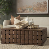 Trellyn 48" Dark Brown Wood w/ Carved Woven Base Square Coffee Table by Mercana at Eve Furniture