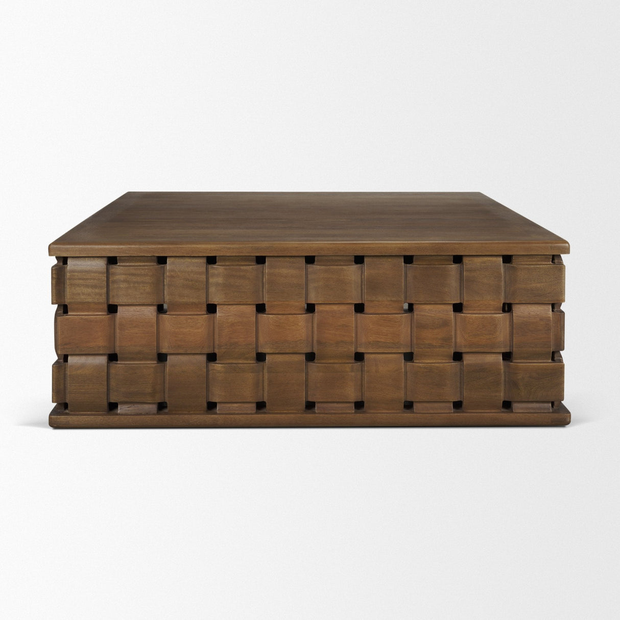 Trellyn 48" Dark Brown Wood w/ Carved Woven Base Square Coffee Table by Mercana at Eve Furniture