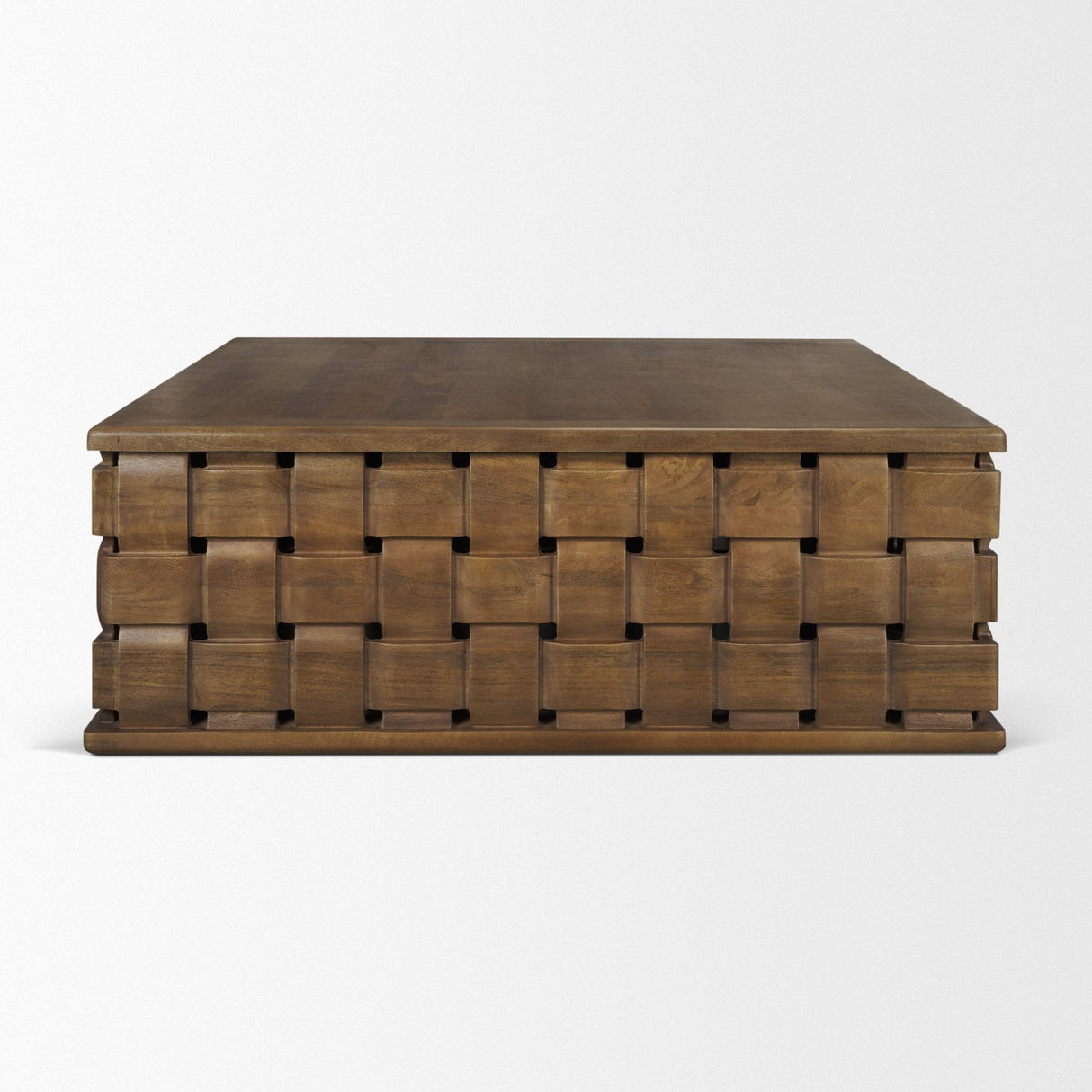 Trellyn 48" Dark Brown Wood w/ Carved Woven Base Square Coffee Table by Mercana at Eve Furniture