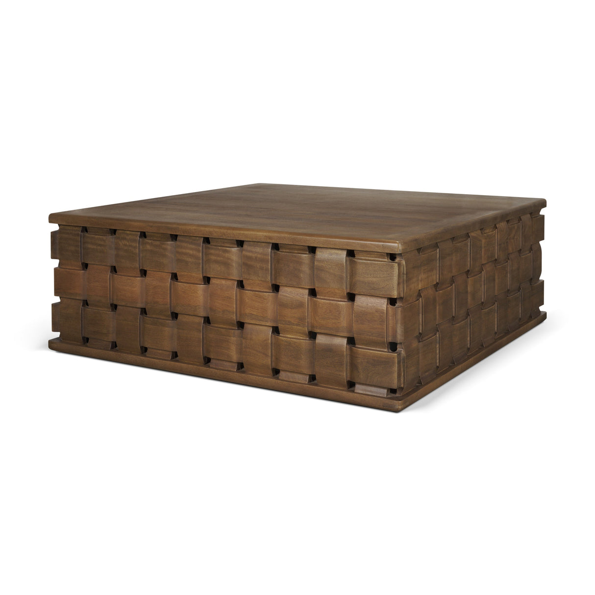 Trellyn 48" Dark Brown Wood w/ Carved Woven Base Square Coffee Table by Mercana at Eve Furniture