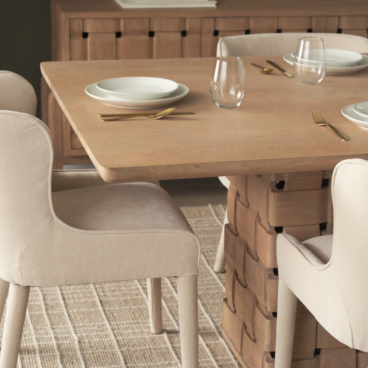 Trellyn 94" Light Brown Solid Wood Carved Woven Base Rectangular Dining Table by Mercana at Eve Furniture