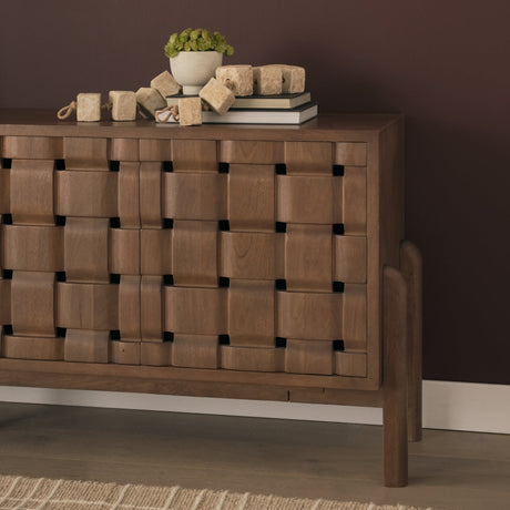 Trellyn Dark Brown Solid Wood 4-Door w/ Carved Woven Doors Closed Sideboard by Mercana at Eve Furniture