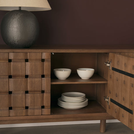 Trellyn Dark Brown Solid Wood 4-Door w/ Carved Woven Doors Closed Sideboard by Mercana at Eve Furniture