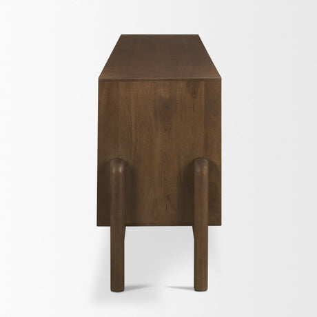 Trellyn Dark Brown Solid Wood 4-Door w/ Carved Woven Doors Closed Sideboard by Mercana at Eve Furniture
