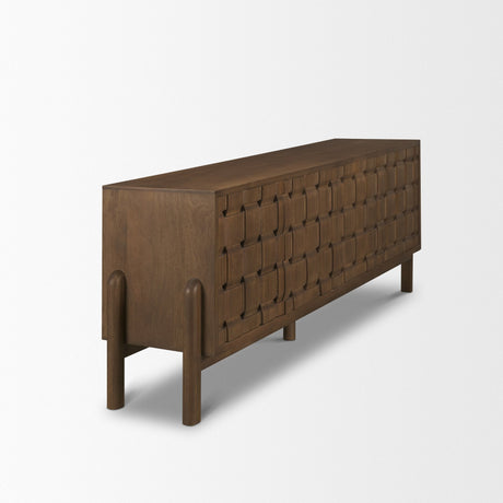 Trellyn Dark Brown Solid Wood 4-Door w/ Carved Woven Doors Closed Sideboard by Mercana at Eve Furniture
