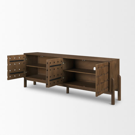 Trellyn Dark Brown Solid Wood 4-Door w/ Carved Woven Doors Closed Sideboard by Mercana at Eve Furniture