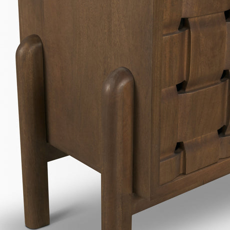 Trellyn Dark Brown Solid Wood 4-Door w/ Carved Woven Doors Closed Sideboard by Mercana at Eve Furniture