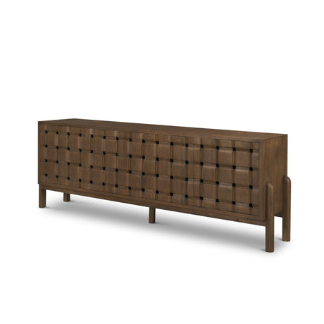Trellyn Dark Brown Solid Wood 4-Door w/ Carved Woven Doors Closed Sideboard by Mercana at Eve Furniture