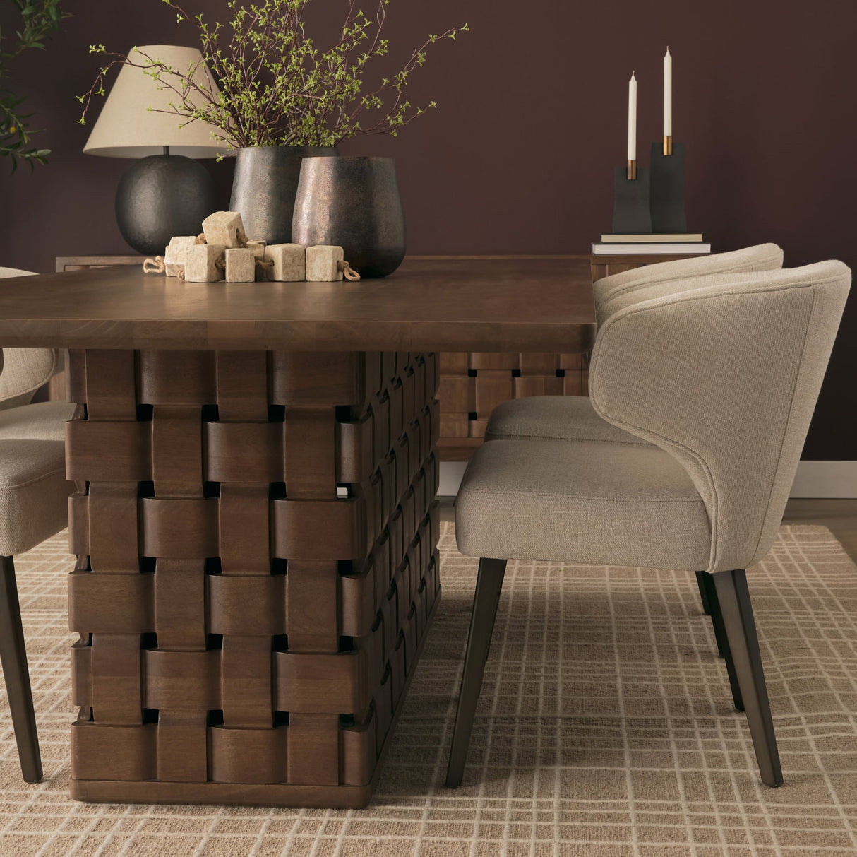 Trellyn Dark Brown Solid Wood Carved Woven Base Rectangular Dining Table by Mercana at Eve Furniture