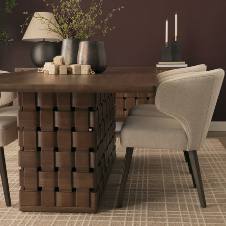 Trellyn Dark Brown Solid Wood Carved Woven Base Rectangular Dining Table by Mercana at Eve Furniture