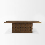 Trellyn Dark Brown Solid Wood Carved Woven Base Rectangular Dining Table by Mercana at Eve Furniture